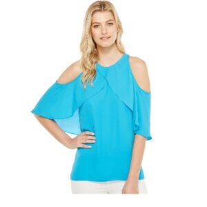 💕 NWT Vince Camuto Womens M Blue Chiffon Cross-over Cold Shoulder Blouse Top